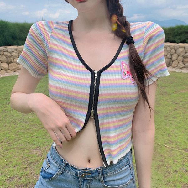 

summer rainbow striped crop women v-neck short sleeved knitted t-shirt zipper cardigan with butterfly applique, White