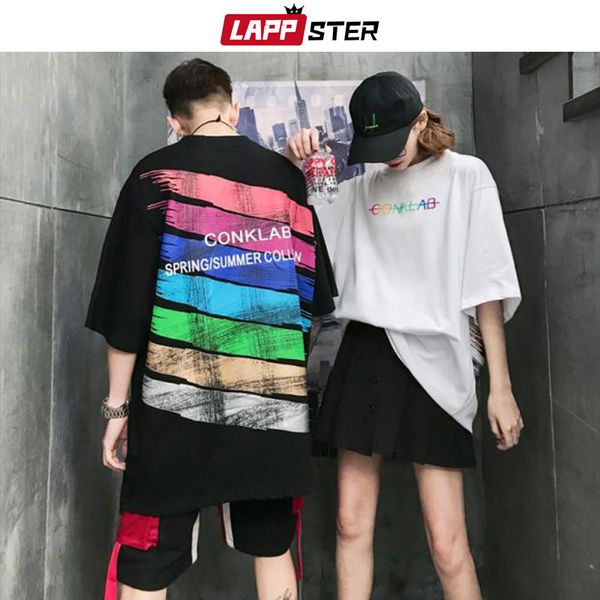 

lappster oversized ribbon t shirts summer 2019 korean fashion hip hop t-shirt men japanese streetwear harajuku white tee clothes, White;black