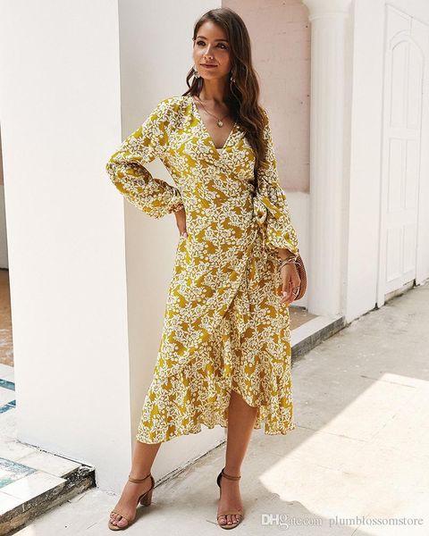 

women spring summer dresses 2020 new fashion floral printed bohemian beach dress holiday v-neck lantern long sleeve casual long dress, Black;gray