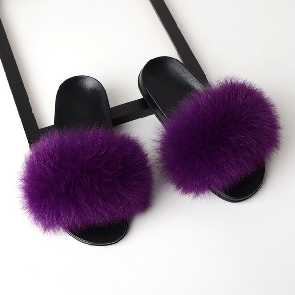 

women fur slippers fox fur slides fox hair flip flops fluffy flat furry house slipper woman fur sandals 2019 brand luxury shoes, Black