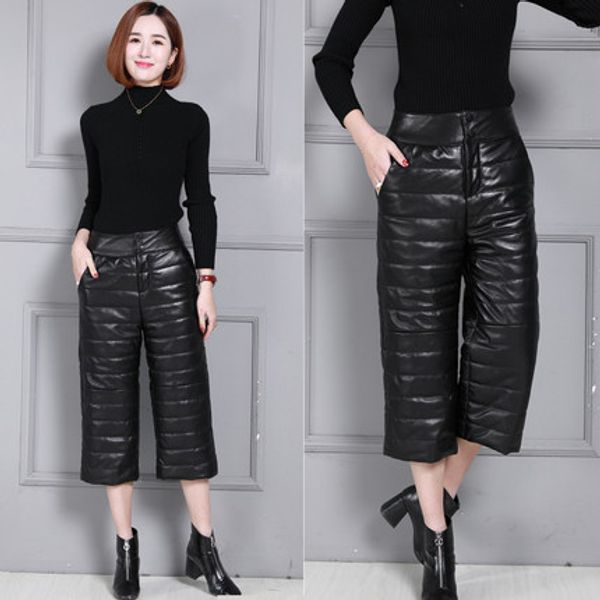 

2019 women high waist slim sheepskin print pants p15, Black;white