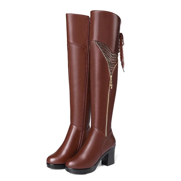 

winter women genuine leather boots high-heeled the jackboot long barrel over-the-knee women boots, Black
