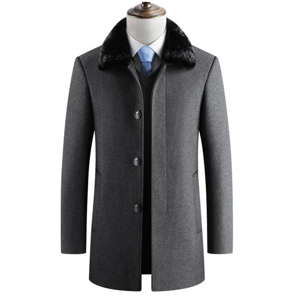 

mens woolen coat fleece thick jackets winter jacket men warm coats business clothing windbreaker with detachable fur collar, Black
