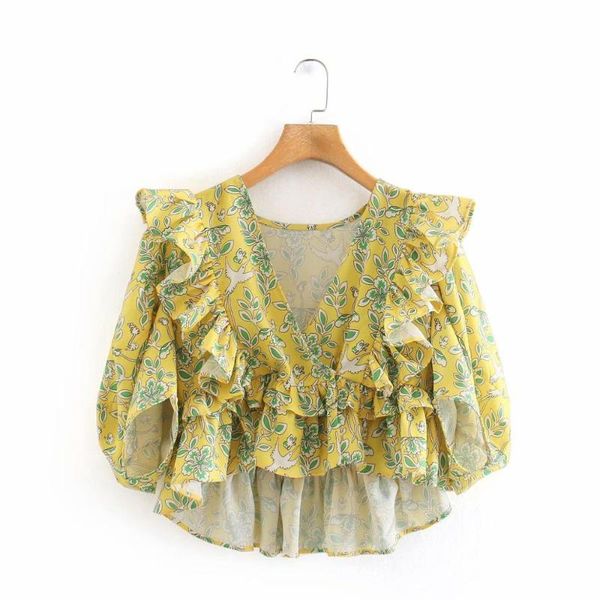 

2020 women vintage cascading ruffles flower print smock blouse female lantern sleeve irregular hem shirt chic blusas ls6687, White