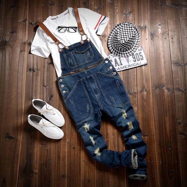 

spring and autumn overalls men's blue ripped jeans suspenders overalls long, Black