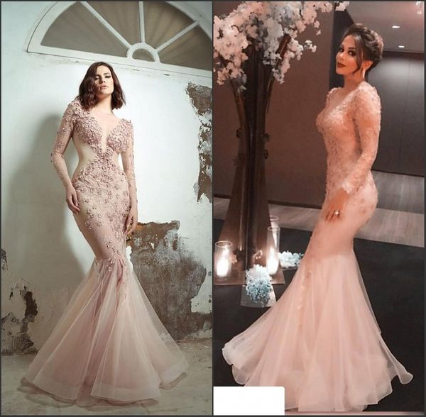

Sexy Mermaid 2019 Prom Dresses Long Sleeve Illusion Sheer Neck Lace Formal Occasion Evening Dress Arabic Blush Cocktail Party Dresses