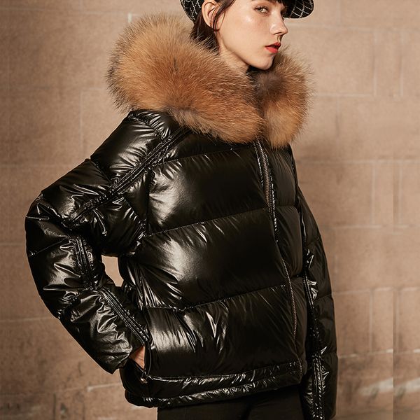 

big natural raccoon fur collar 2019 down parka duck down jacket thick warm loose female women coat hooded winter jacket women, Black