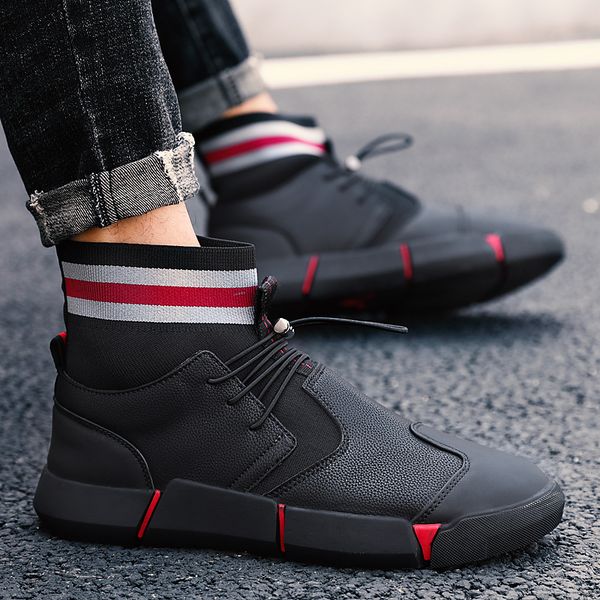 

2020 men's high casual shoes classics british style leather shoes male outdoor non-slip flat walking sneakers, Black