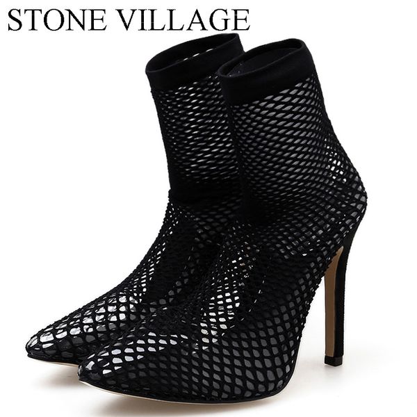 

2019 autumn new breathable mesh gauze sandals women fashion pointed toe short boots thin high heels pumps woman shoes plus size, Black