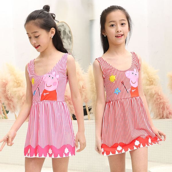 

2019 children's 8-12 years old one-piece cute swimsuit skirt girl striped boxer swimsuit, White;black