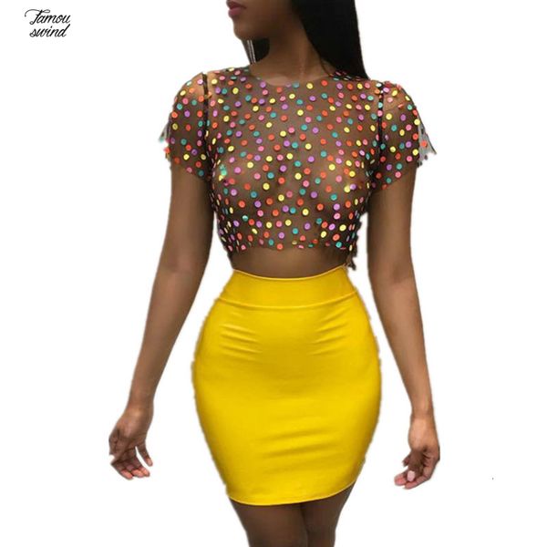 

женщины sexy 2 piece set полька dot сетка crop топ и юбка короткие i76 двухкусочного клуб bodycon платья d34, White