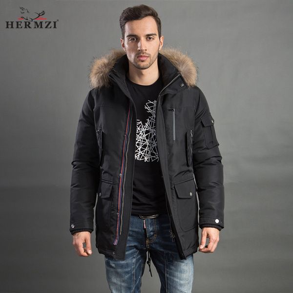 

hermzi 2017 men winter jacket fashion coat parka thicken overcoat detachable hood raccoon fur collar european size ing, Black