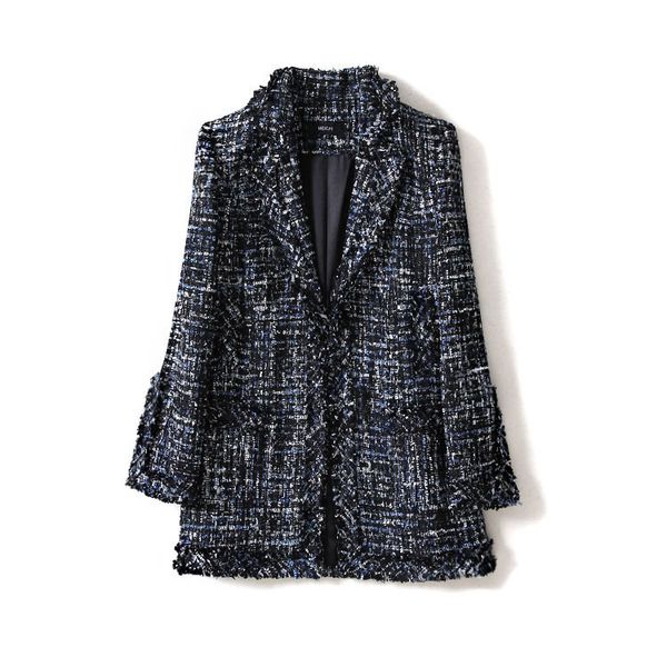 

new version of women s small suit in spring autumn and winter medium and long small fragrance woven wool jacket, Black