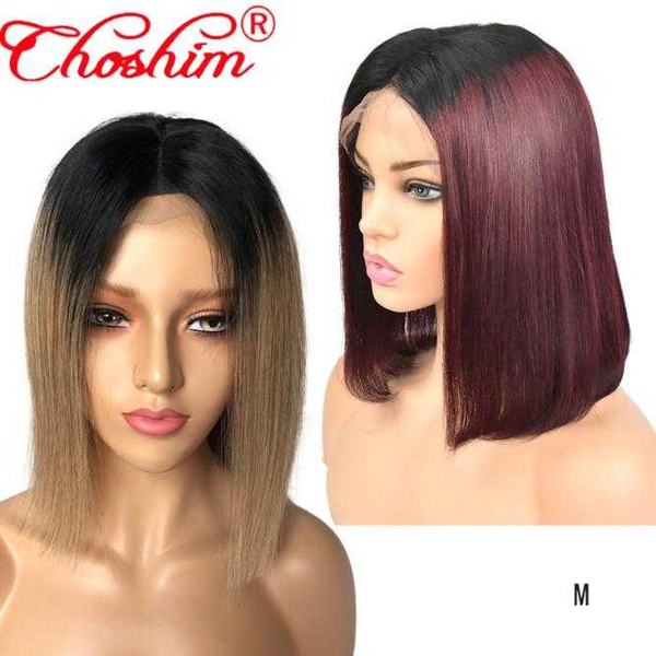 

peruvian 1b/27 1b/99j short bob ombre 13x4 lace front wig human hair choshim remy hair 150% density preplucked and bleached knot, Black;brown