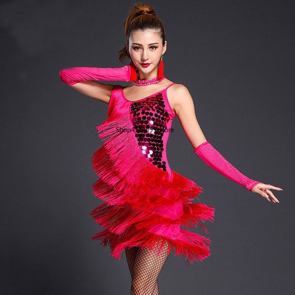 

2019 new models latin dance dress women sequin fringe tassel skirt girls ladies dresses latina tango ballroom salsa dance, Black;red