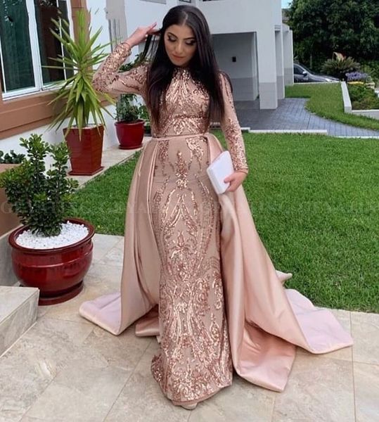 

saudi arabia long sleeves mermaid muslim evening dress with detachable train rose gold sequin kaftan dubai prom formal dresses, Black;red