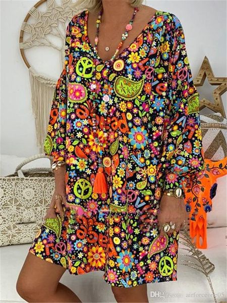 

fashion floral print short dresses designer v neck long sleeve loose dresses 5xl plus size dress, Black;gray