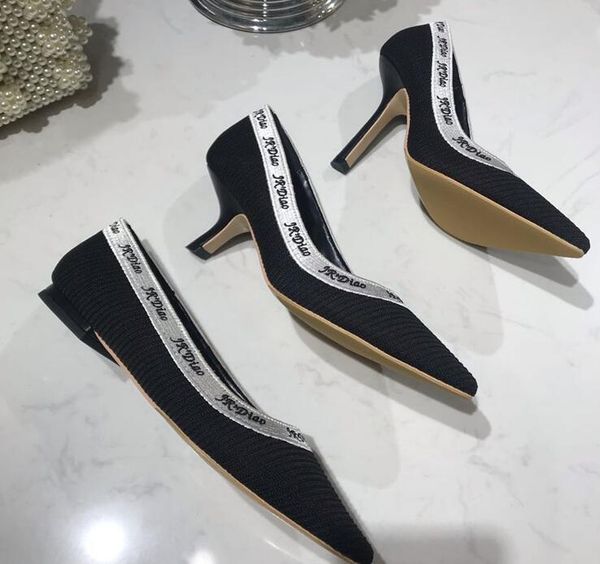 

fashion women designer nude letter pumps women runway pointed toe high heel shoes woman lady brand design mesh flat shoes, Black