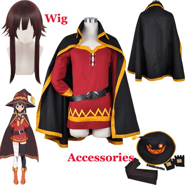 

anime costumes konosuba god's blessing on this wonderful world megumin cloak dress uniform halloween outfit cosplay wig + cap, Black