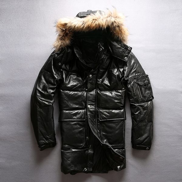 

2020 winter leather down jacket solid real genuine leather jacket men black cowskin fur hood thick coats casual long clothing