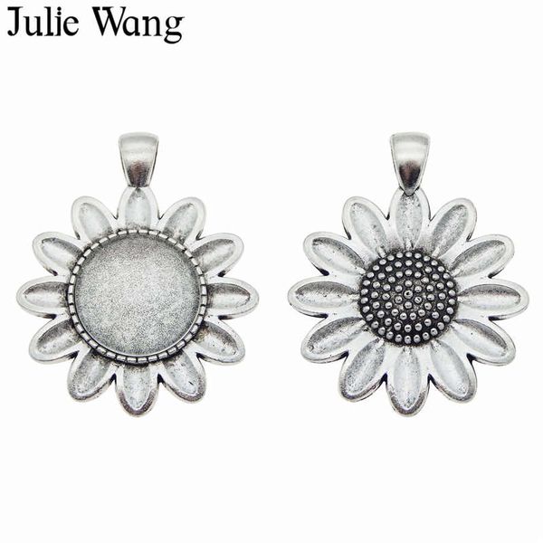 

julie wang 2pcs sunflower bezel charms alloy blank cabochon base pendant glass cameo setting bracelet jewelry making accessory, Bronze;silver