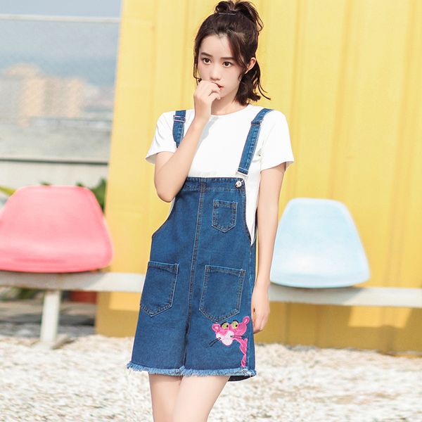 

2019 photo shoot новый стиль корейский стиль студенты сыпучие-fit для похудения pink panther вышитые колледж стиль ковбой подтяжки шор, Blue