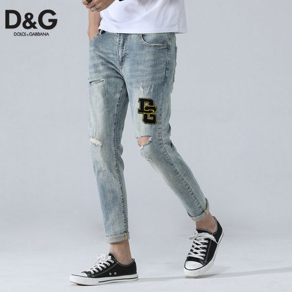 

dg italian brand jeans mens designer jeans luxury slim trousers trend wild casual pants fashion trend ripped jeans hip hop trousers selling, Blue