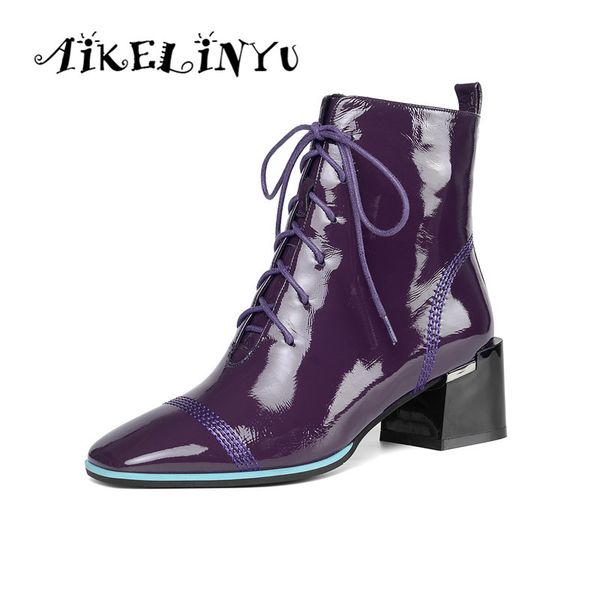 

aikelinyu brand design autumn winter women shoes high heels ankle boots chunky heels patent leather ladies lace up shoes woman, Black