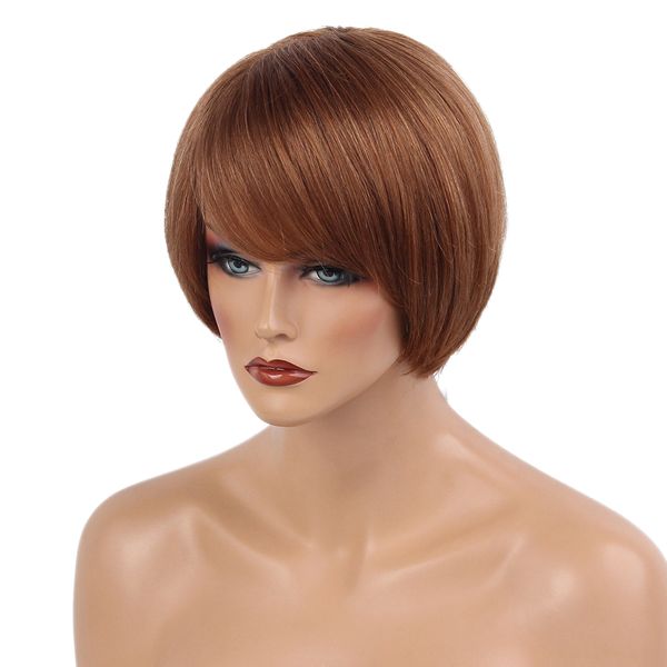 

12" women short natural 100% human hair wigs with cap heat resistant brown, Black