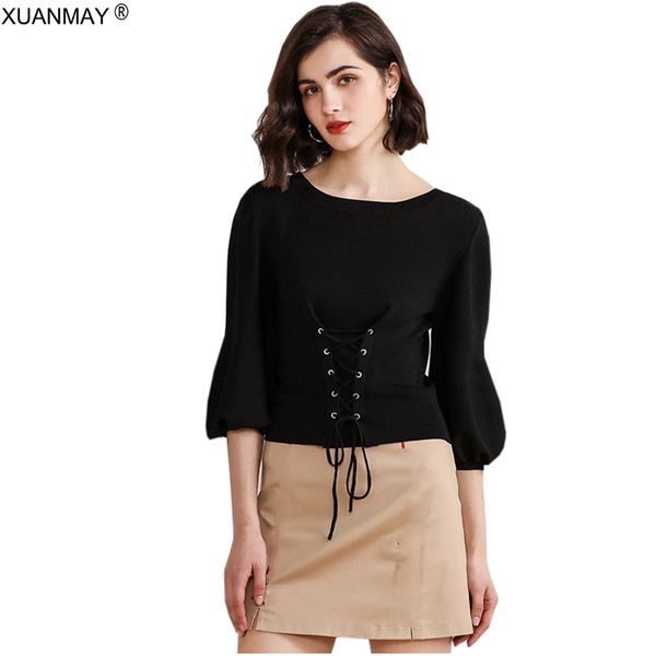 

2020 spring pullover sweater fashion bandage decoration waist slimming knit pure black spring thin style sweater women, White;black