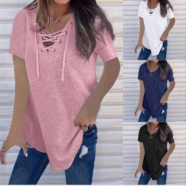 

summer women's solid color short-sleeved v-neck strap loose t-shirt summer women's solid color short-sleeved v-neck strap loose t, White