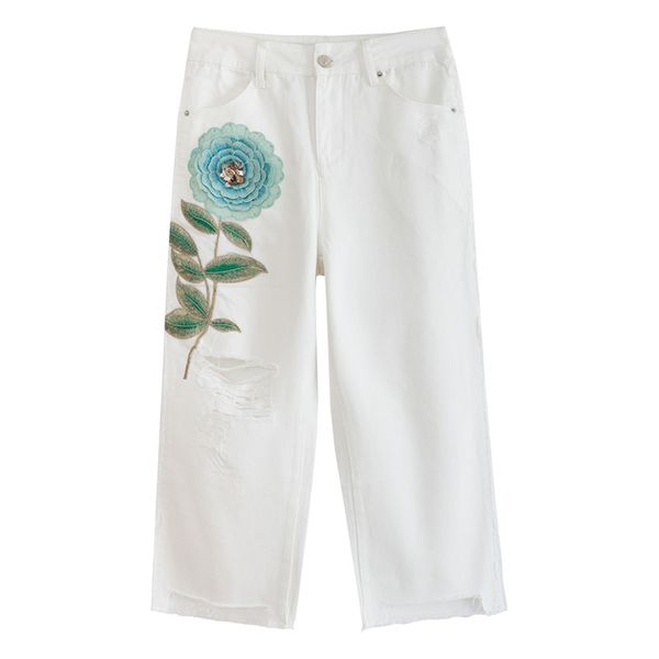 

summer spring womens embroidery sequins flower ripped hole tassel white denim trousers , high waisted wide leg jeans for women, Blue