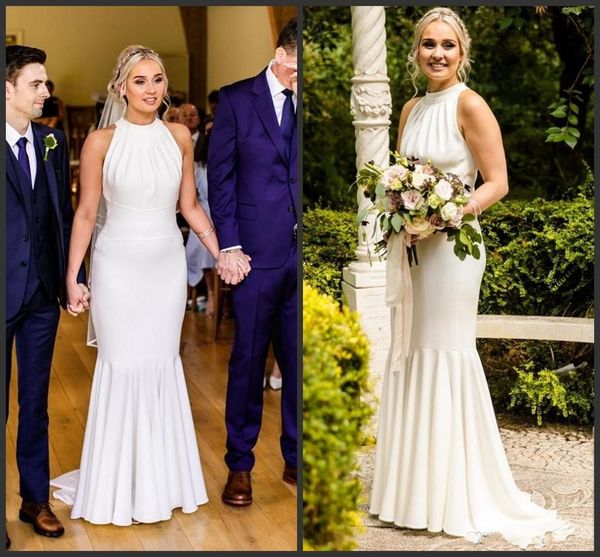 

simple mermaid wedding dresses jewel neck pleats satin floor length beach wedding dress bridal gowns robes de mariÃ©e, White