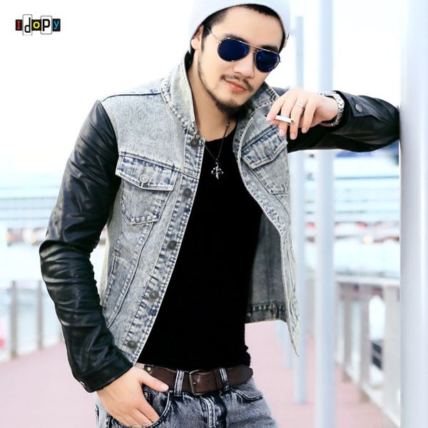 

fashion men`s denim jacket with leather sleeves slim fit vintage patchwork acid washed jean jacket for men, Black;brown