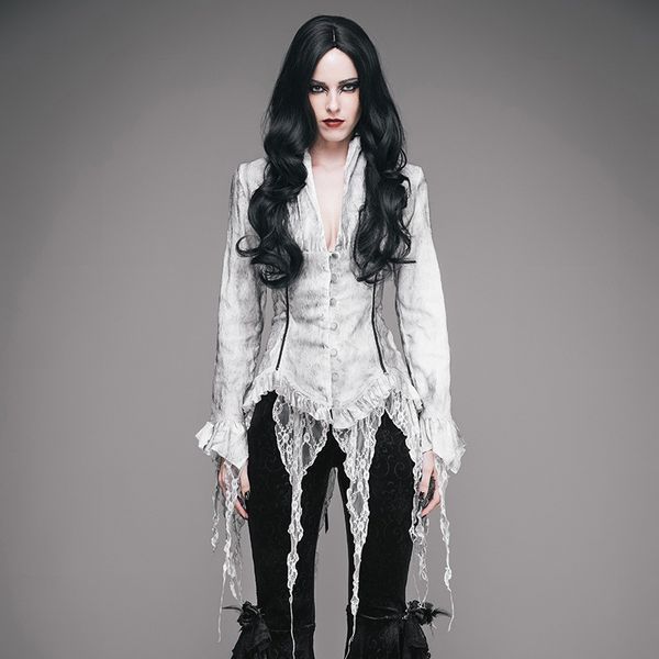 

готические женские блузки из шифона с длинными рукавами и бахромой европа и америка осень и зима, White