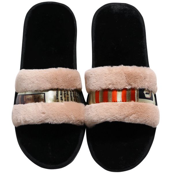 

women slippers winter home shoes women soft warm furry flat fluffy slippers house chaussures femme indoor fur slides flip flops, Black