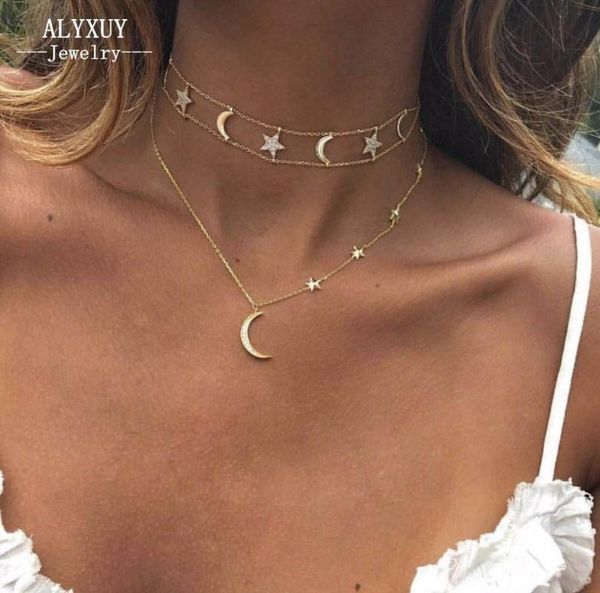 

new boho luxury jewelry multi layer gold r necklaces for women crystal moon star pendant vintage necklace n0168, Silver