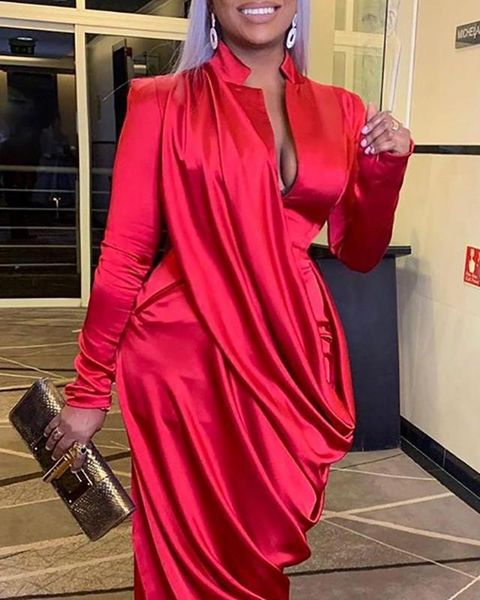 

long sleeve satin midi dress party dresses elegant solid plunge ruched dress, Black;gray