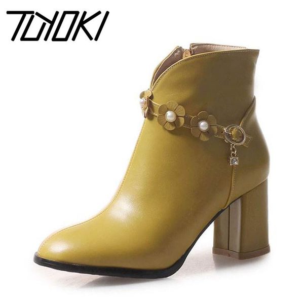 

tuyoki 5 color size 31-45 women ankle boots flowers square heels zipper daily shoes woman office ladies botas footwear, Black