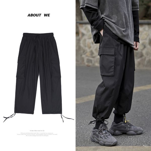 

men's pants drawstring casual fashion solid color multi-pocket overalls men streetwear wild loose hip hop cargo trousers mens, Black