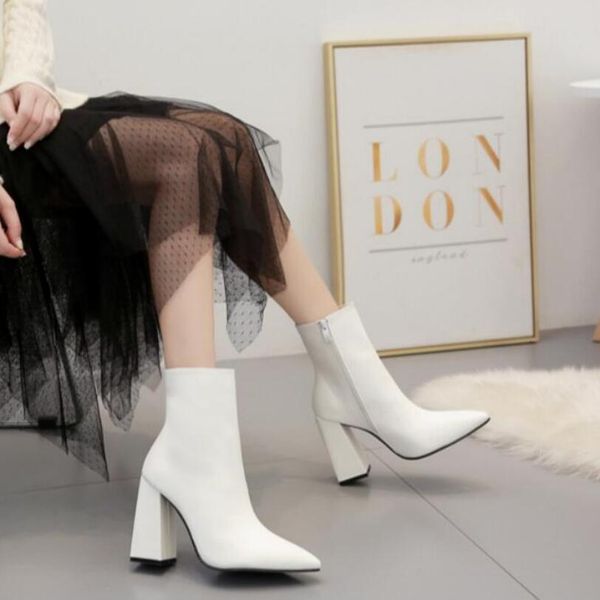 

european 2019 fashion white ankle boots women short boots winter shoes pointed toes 10cm chunky heel side zip, Black