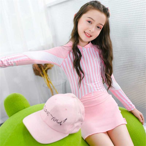 

2019 baby children swimming dress long sleeve girls uv surf swimsuit cute striped swimdress kids skirt swimwear 10-15 years