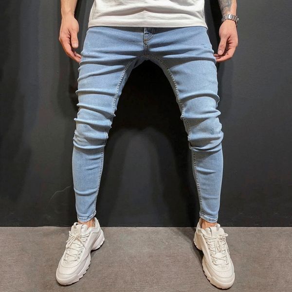 

марка mkass джинсы мужские эластичные талии узкие джинсы 2020 stretch ripped pants streetwear mens denim plus xxxl, Blue