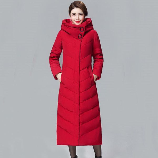 

2019 winter women turtleneck hooded lace up extra long 90% white duck down coat female slim thicken warm parkas outwear m19, Black