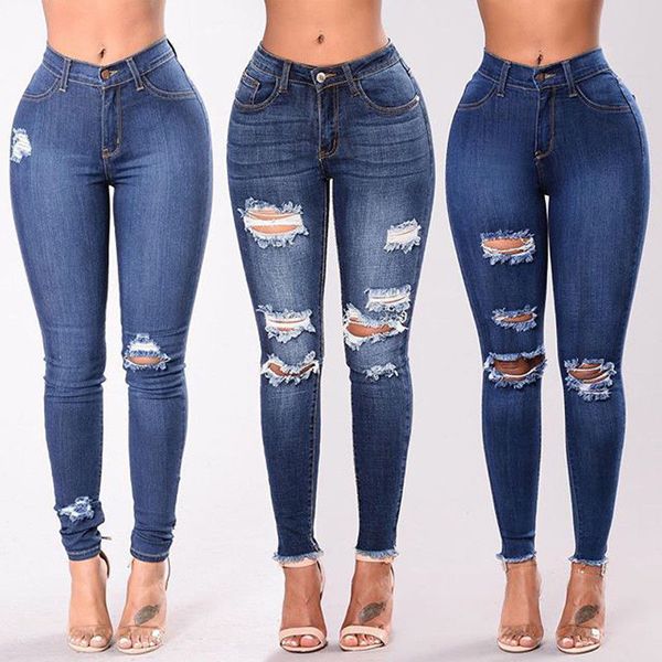 

hole ripped jeans women for girls stretch mid waist skinny jeans female pants slim pencil trousers, Blue