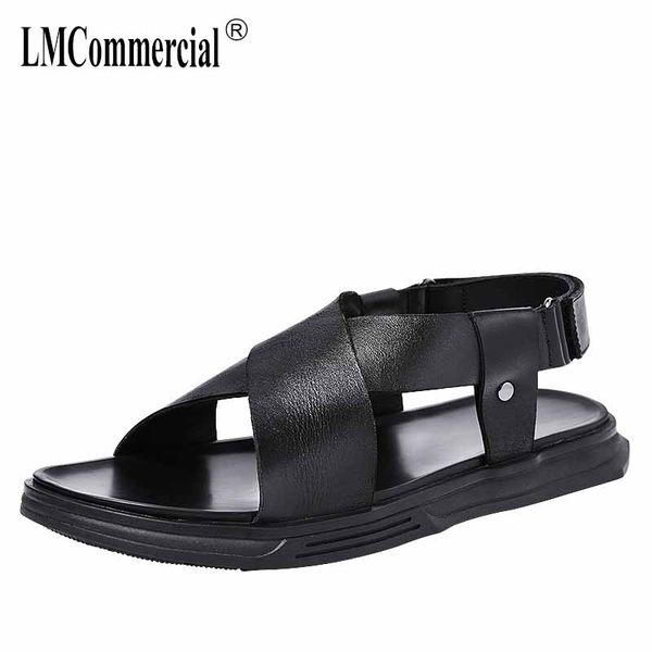 

casua beach shoes men's genuine leather summer magic stick roman sandals men soft-soled all-match cowhide slippers flip flops, Black