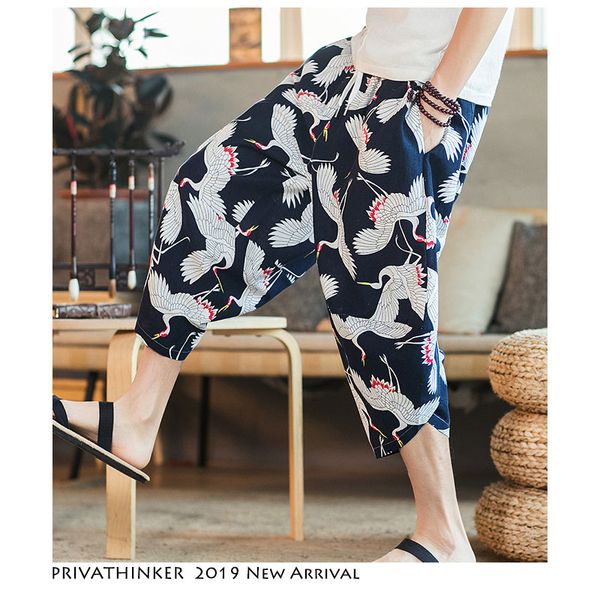 

men japanese harem pants 2019 mens chinese style pants male calf-length black casual print trousers oversize