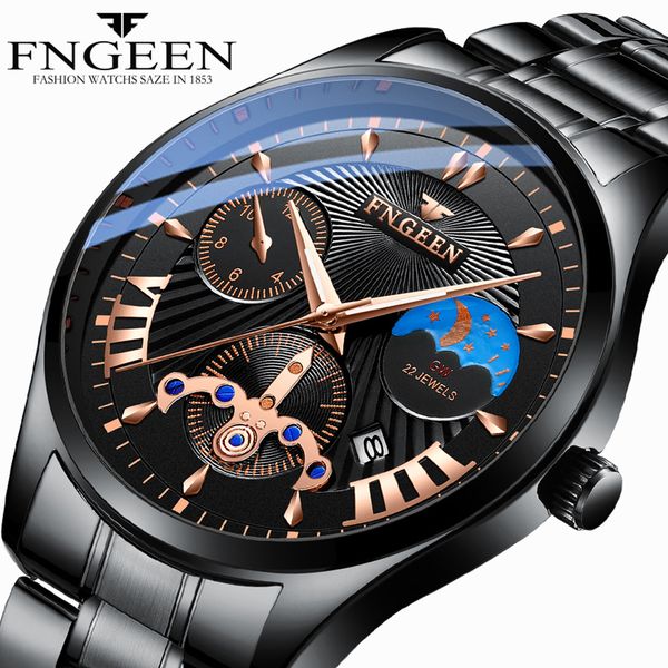 

black watch men clock 2019 fngeen brand casual quartz-watch steel waterproof date calendar business man watch relogio masculino, Slivery;brown
