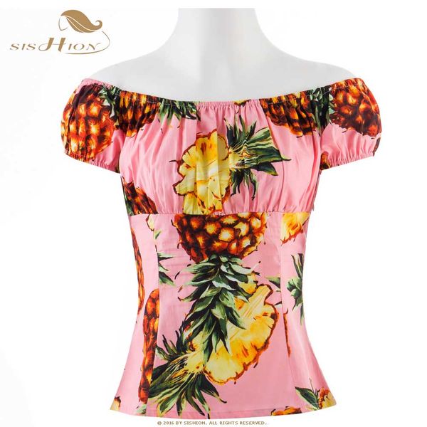 

sishion women blouses 2019 tp204 short sleeve femme slash neck pineapple lemon print vintage summer beach white top
