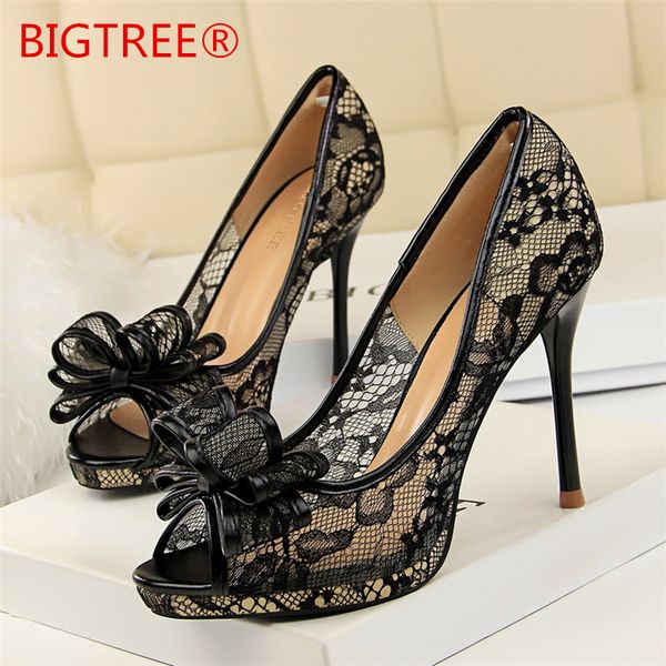 

women's high heels peep toe lace party shoes 9.5cm crystal hollow platform bowtie pumps plus size female elegant st, Black